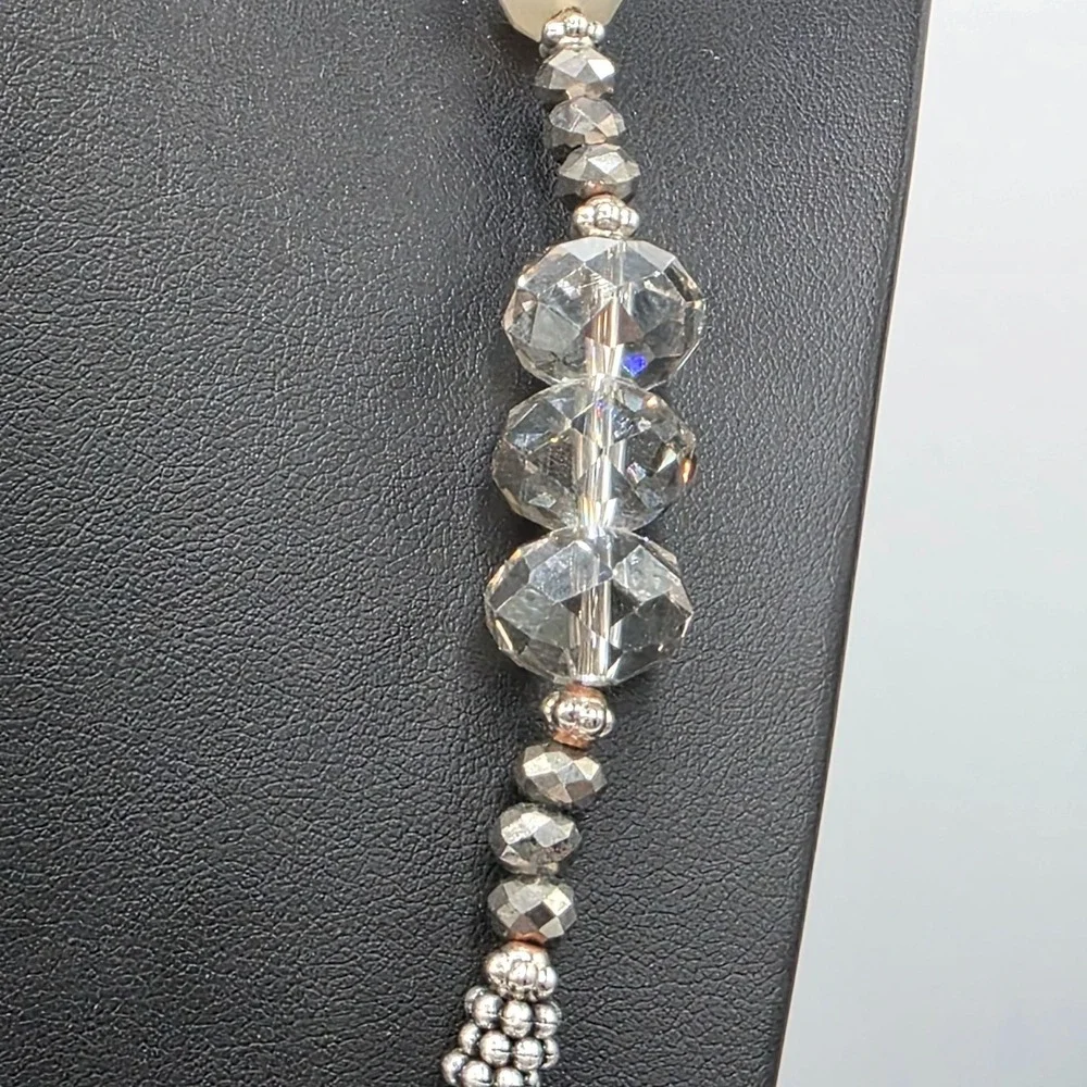 Chico's Beaded Statement Necklace Crystal Faceted‎ Gem Silver Tone Long Boho